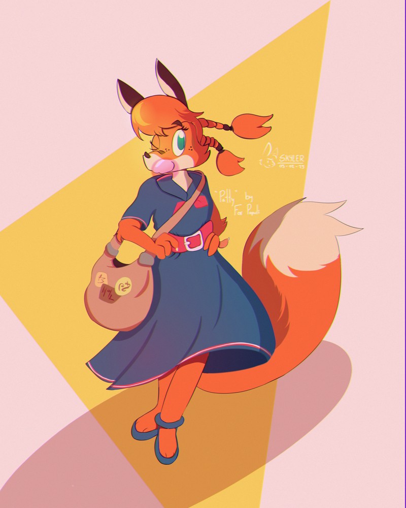 Una zorra antropomófica sosteniendo un bolso con una sonrisa e inflando un chicle